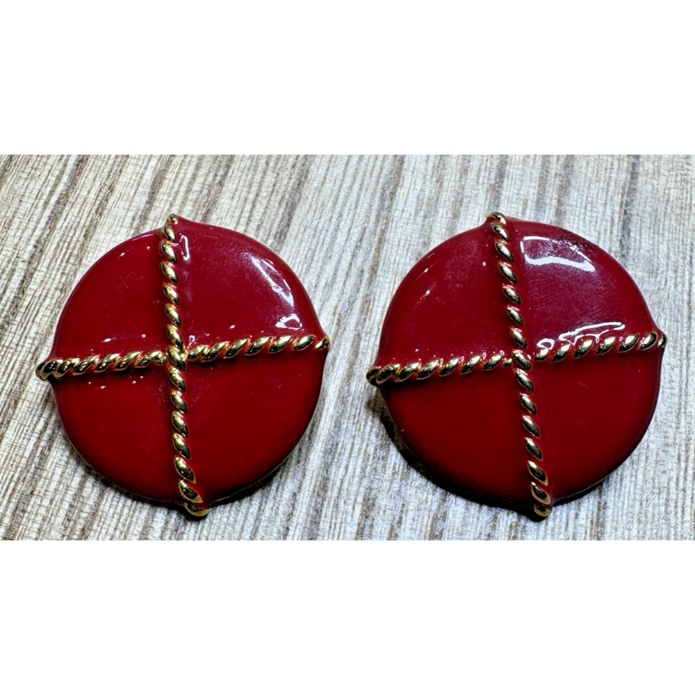 VTG Trifari Pierced Earrings Red Enamel Nautical Gold Tone Rope 70-80s 1.375”